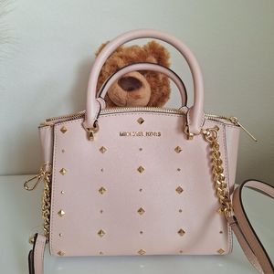 MICHAEL KORS ELLIS TAN LEATHER STUDDED SATCHEL PURSE HANDBAG TOTE 35H7SEOS5L NEW